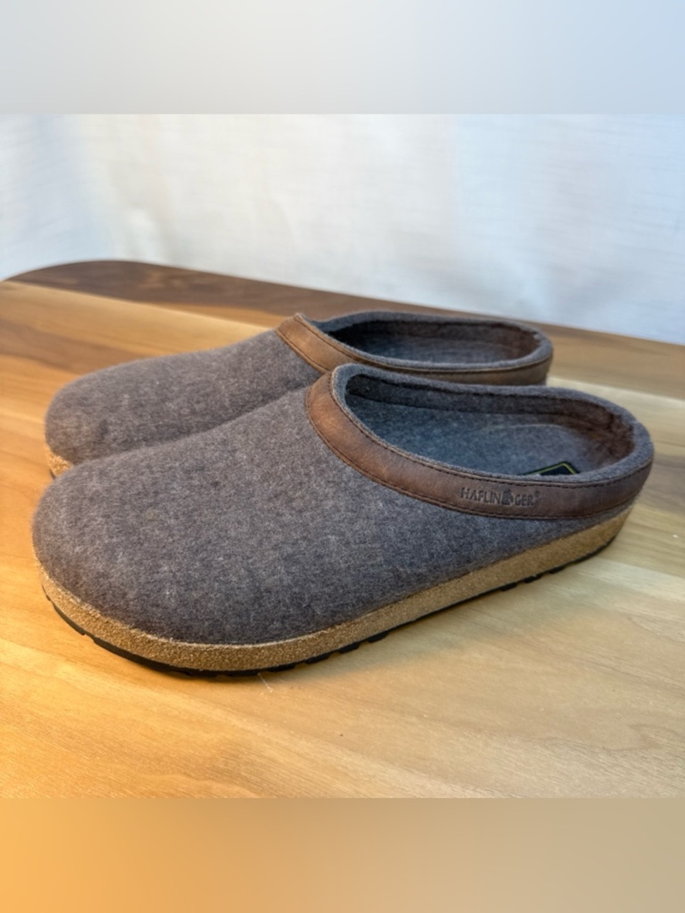 Haflinger Grizzly Wool Clogs Men 11 EU 44 Gray Brown Leather Trim Slip On